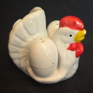 Vintage Ceramic Hen Salt and Pepper Shakers - White with Red & Yellow